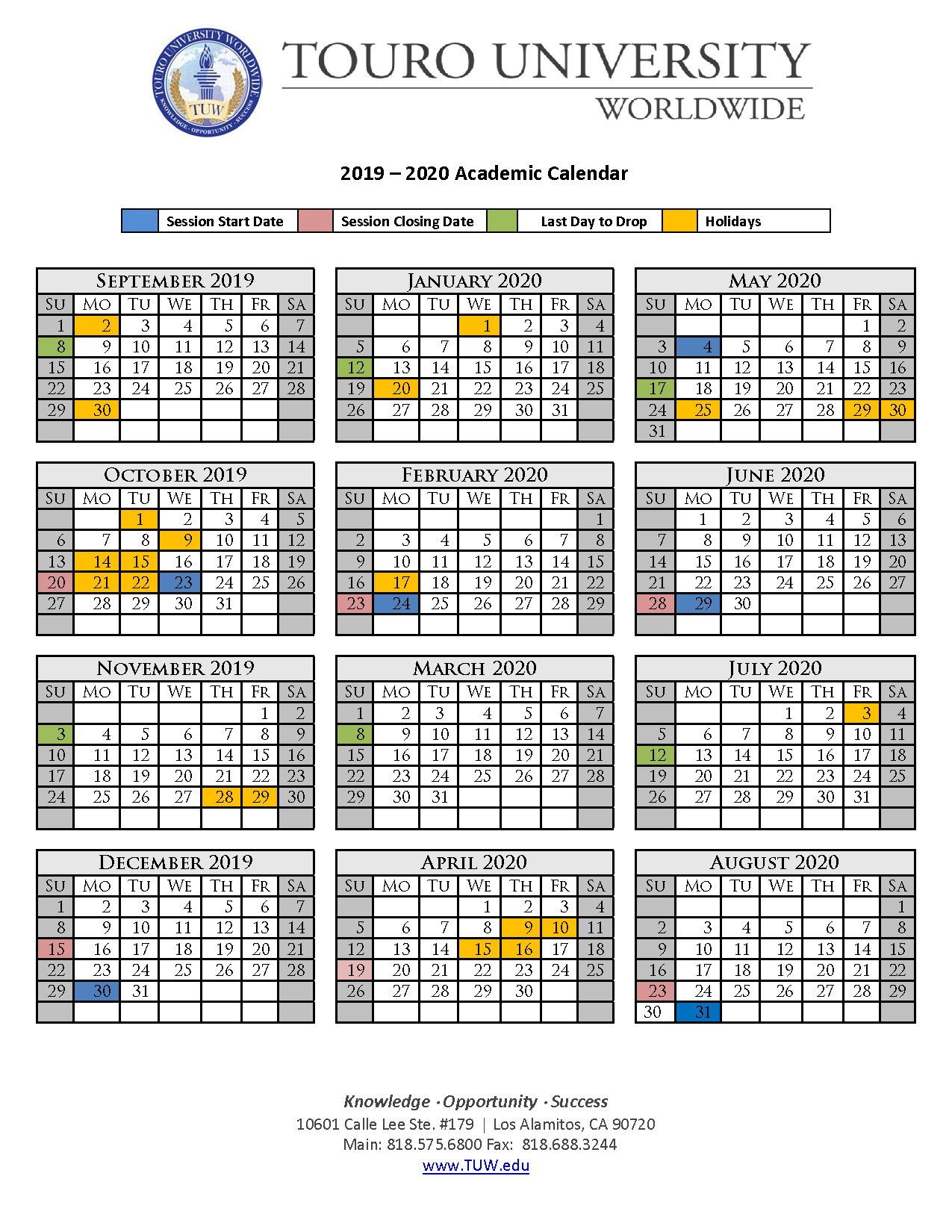 Touro Nevada Calendar 20222023