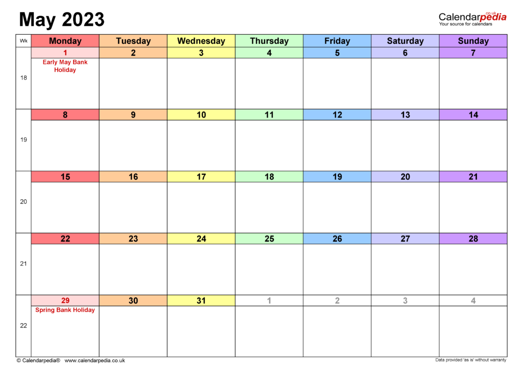 Calendar May 2023 UK With Excel Word And PDF Templates