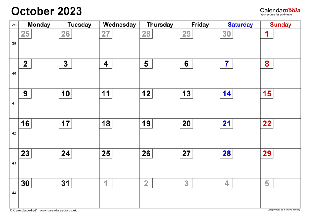 Calendar October 2023 UK With Excel Word And PDF Templates