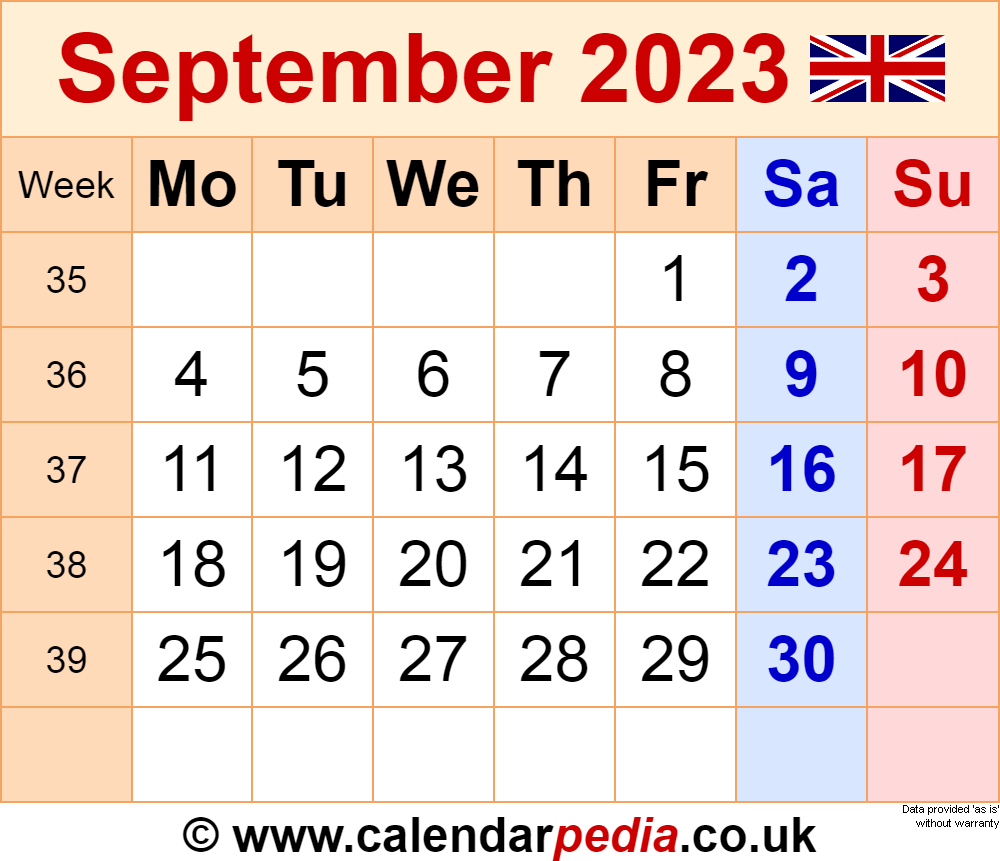 Calendar September 2023 UK With Excel Word And PDF Templates