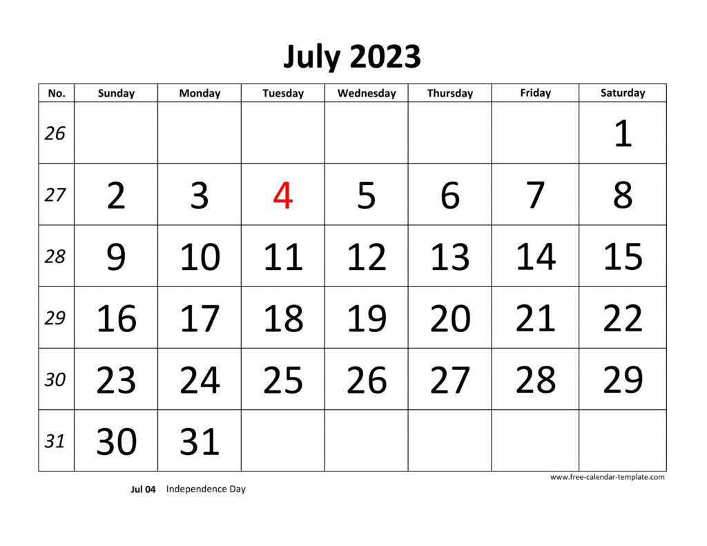July 2023 Calendar Designed With Large Font horizontal Free 
