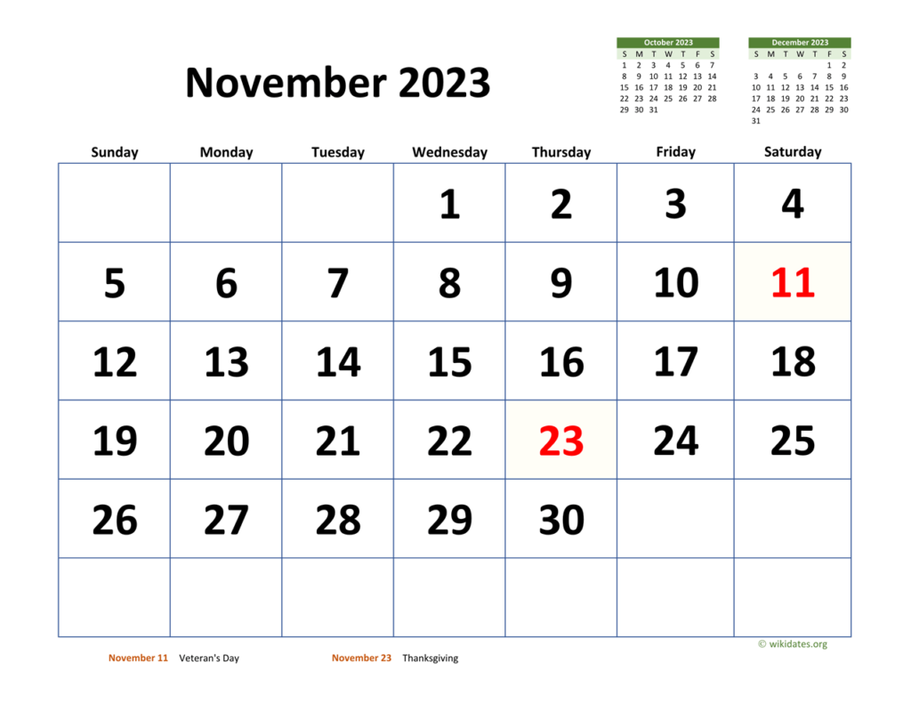 November 2023 Calendar With Extra large Dates WikiDates