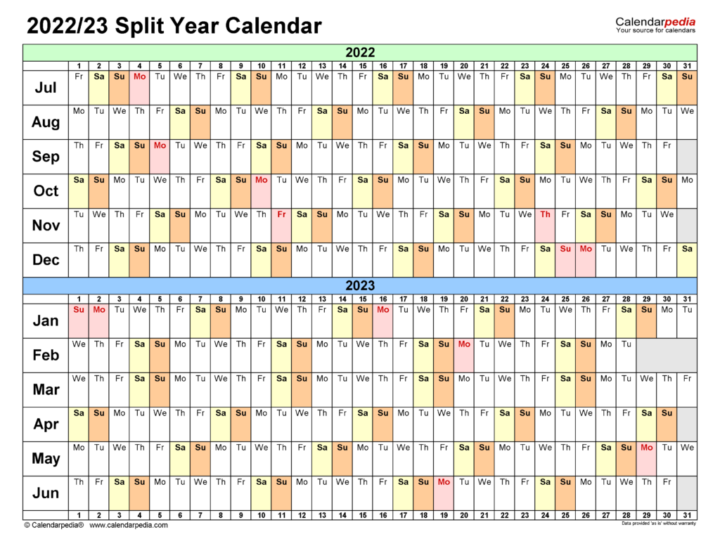 Split Year Calendars 2022 2023 July To June Excel Templates