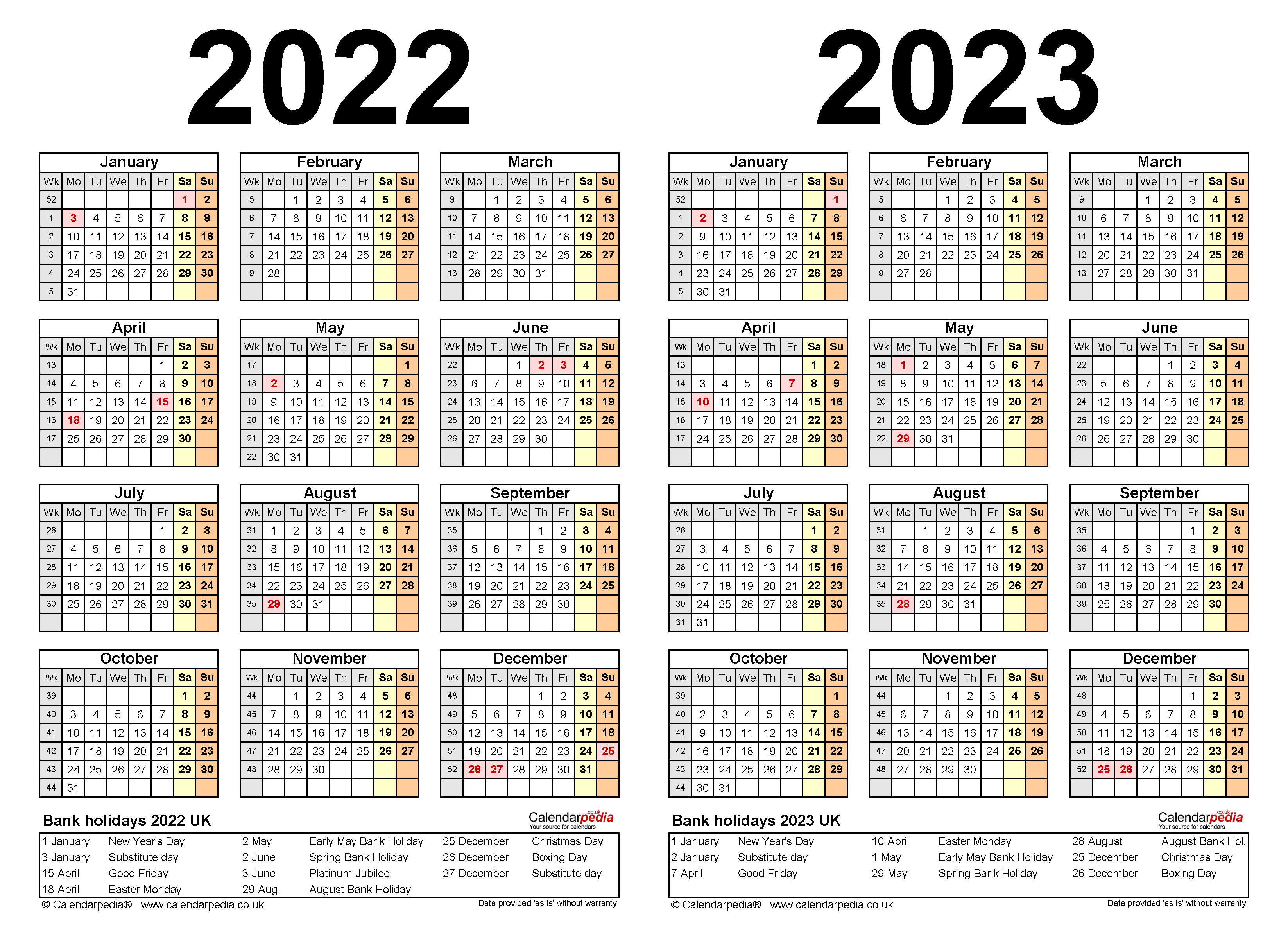 Two Year Calendars For 2022 2023 UK For Excel