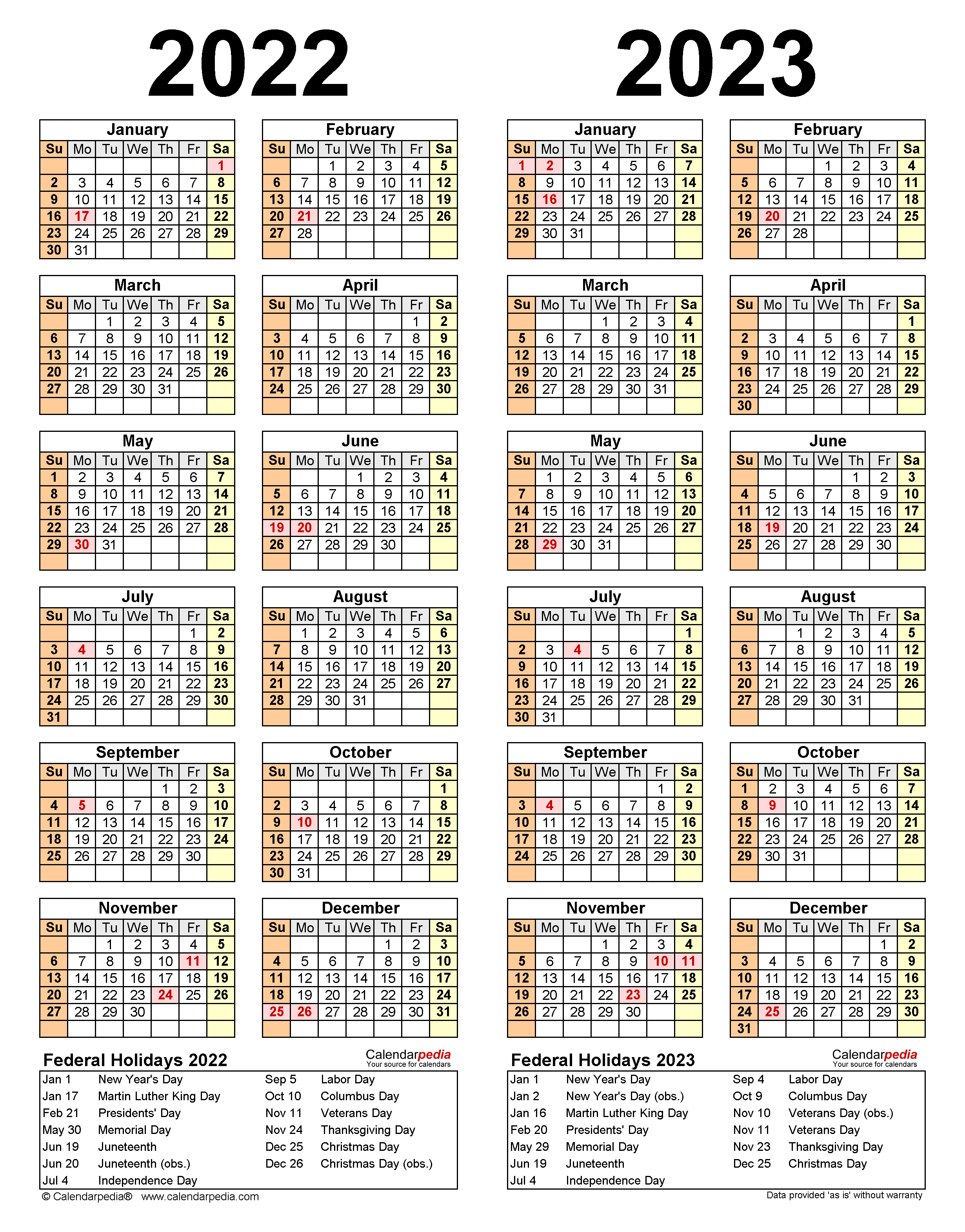 2022 2023 Two Year Calendar Free Printable Word Templates