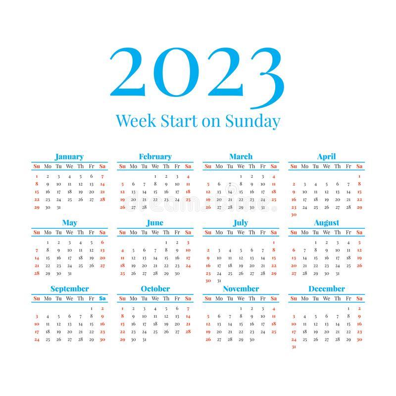 2023 Calendar With The Weeks Start On Sunday Stock Vector 