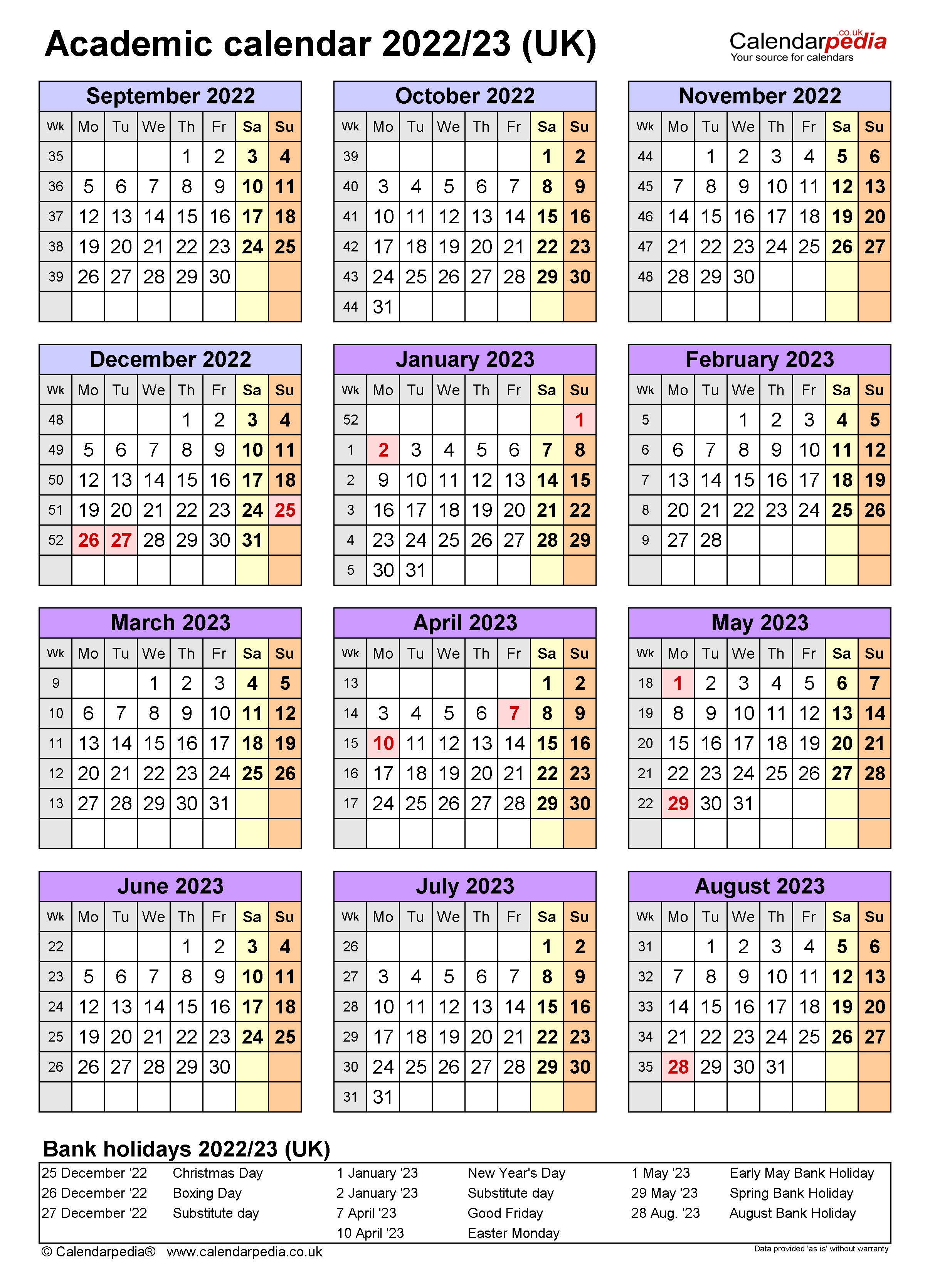 Academic Calendars 2022 23 UK Free Printable Excel Templates