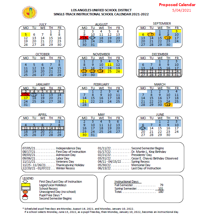 LAUSD s Proposed 2021 2022 School Year Calendar Vanaman German LLP