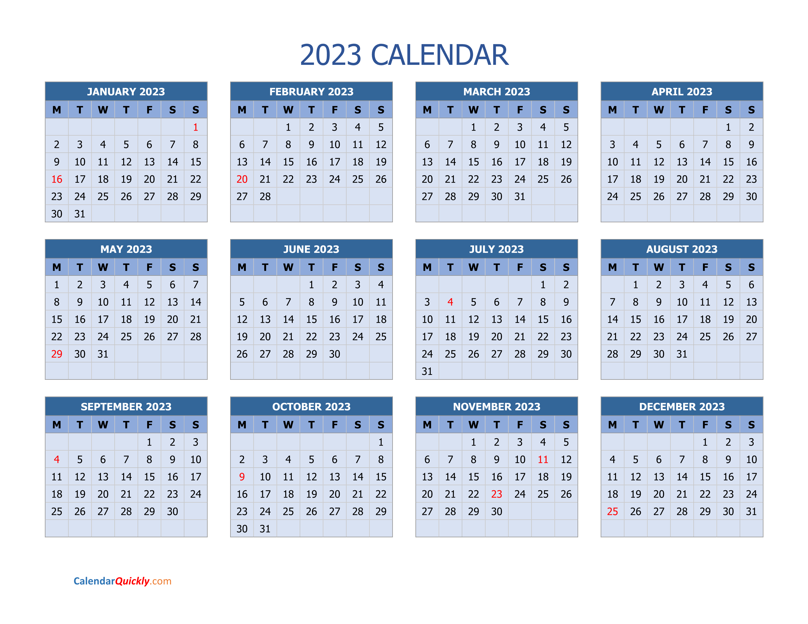Monday 2023 Calendar Horizontal Calendar Quickly
