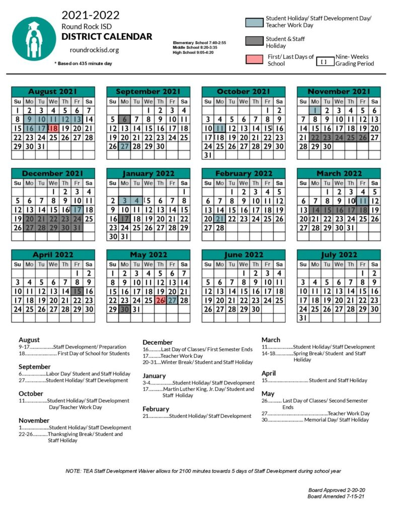 Round Rock Independent School District Calendar 2021 2022