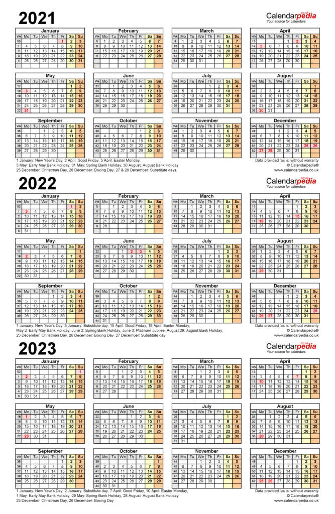 Three Year Calendars For 2021 2022 2023 UK For Excel