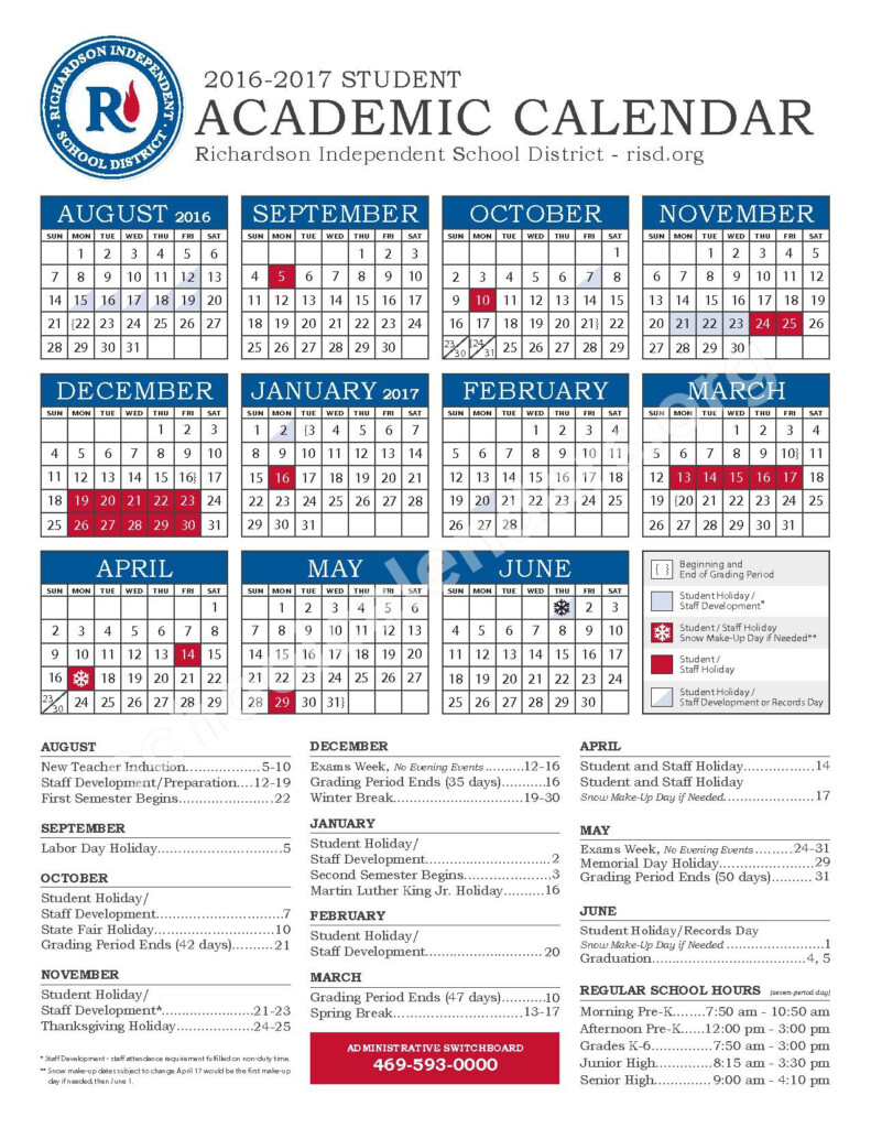 2016 2017 RISD Academic Calendar Richardson Independent School 