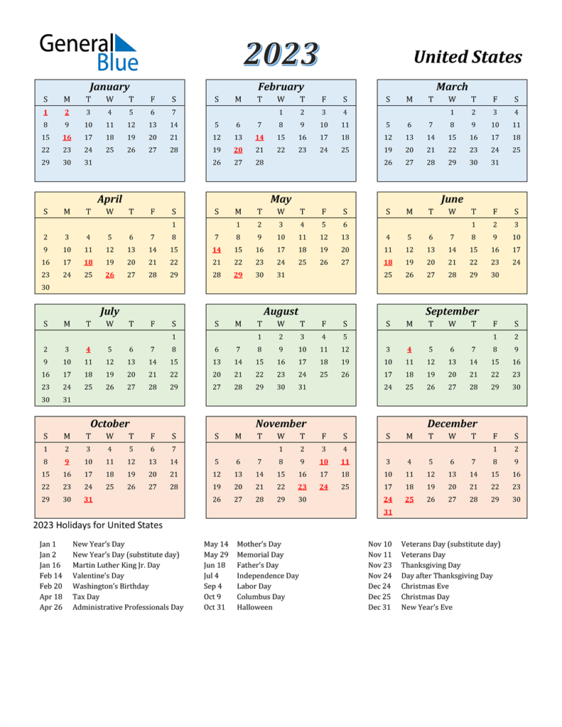 2023 Calendar For The Usa With Us Federal Holidays Gambaran Free Hot 