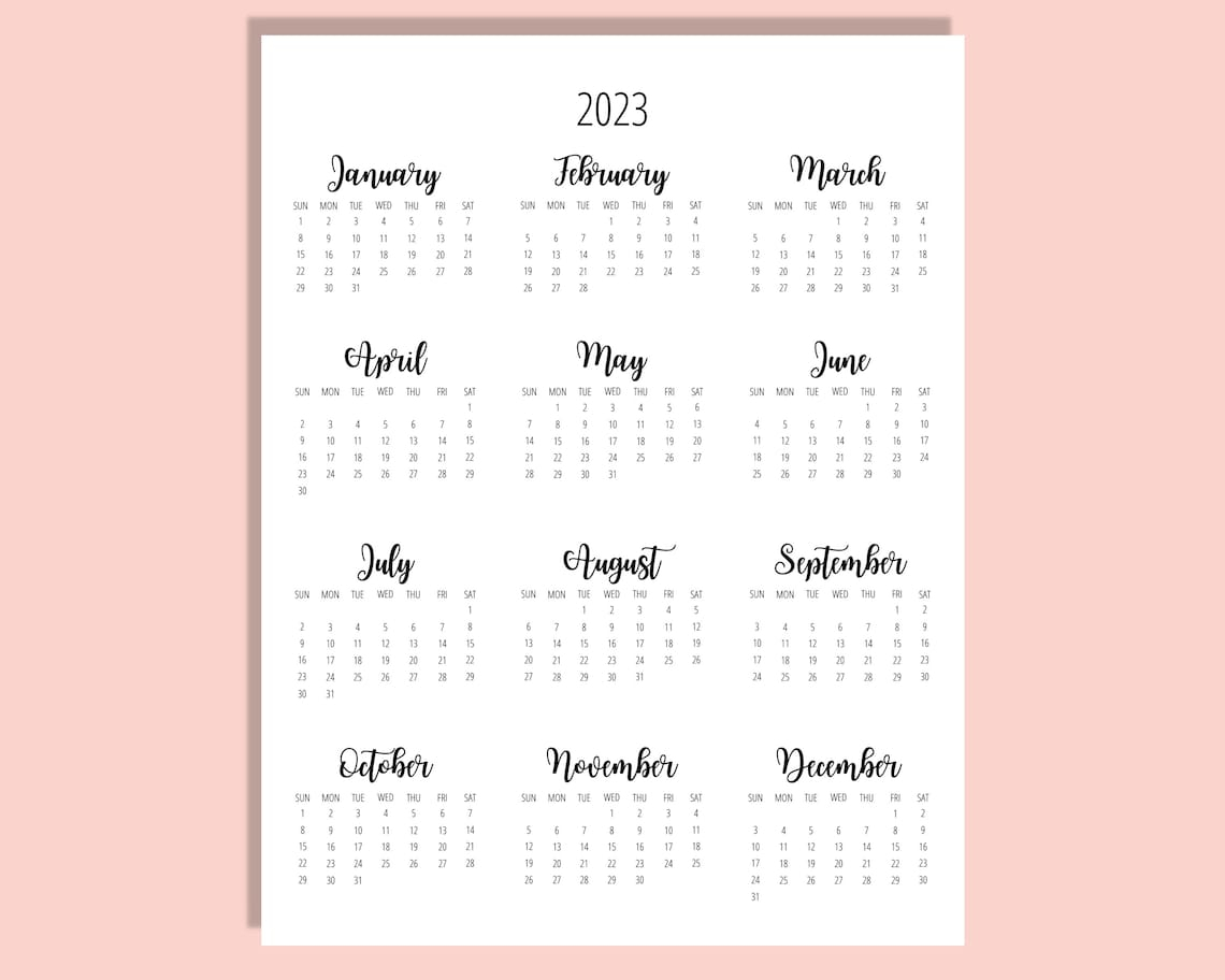 2023 Calendar Template 8 5 X 11 Inches Vertical Year At A Etsy