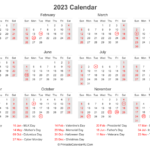 2023 Calendar With US Holidays At Bottom Landscape Layout