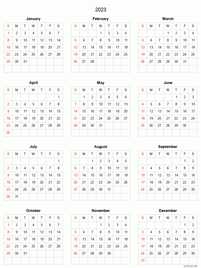 2023 Printable Calendar Full Year Calendar Grid Style 