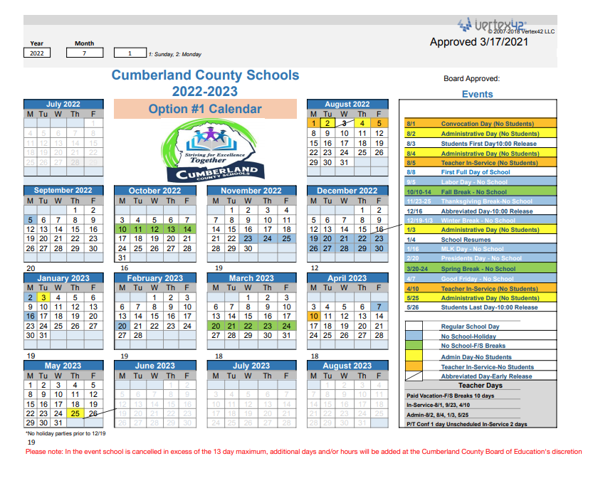 Cumberland County Schools Calendar 2022 And 2023 PublicHolidays