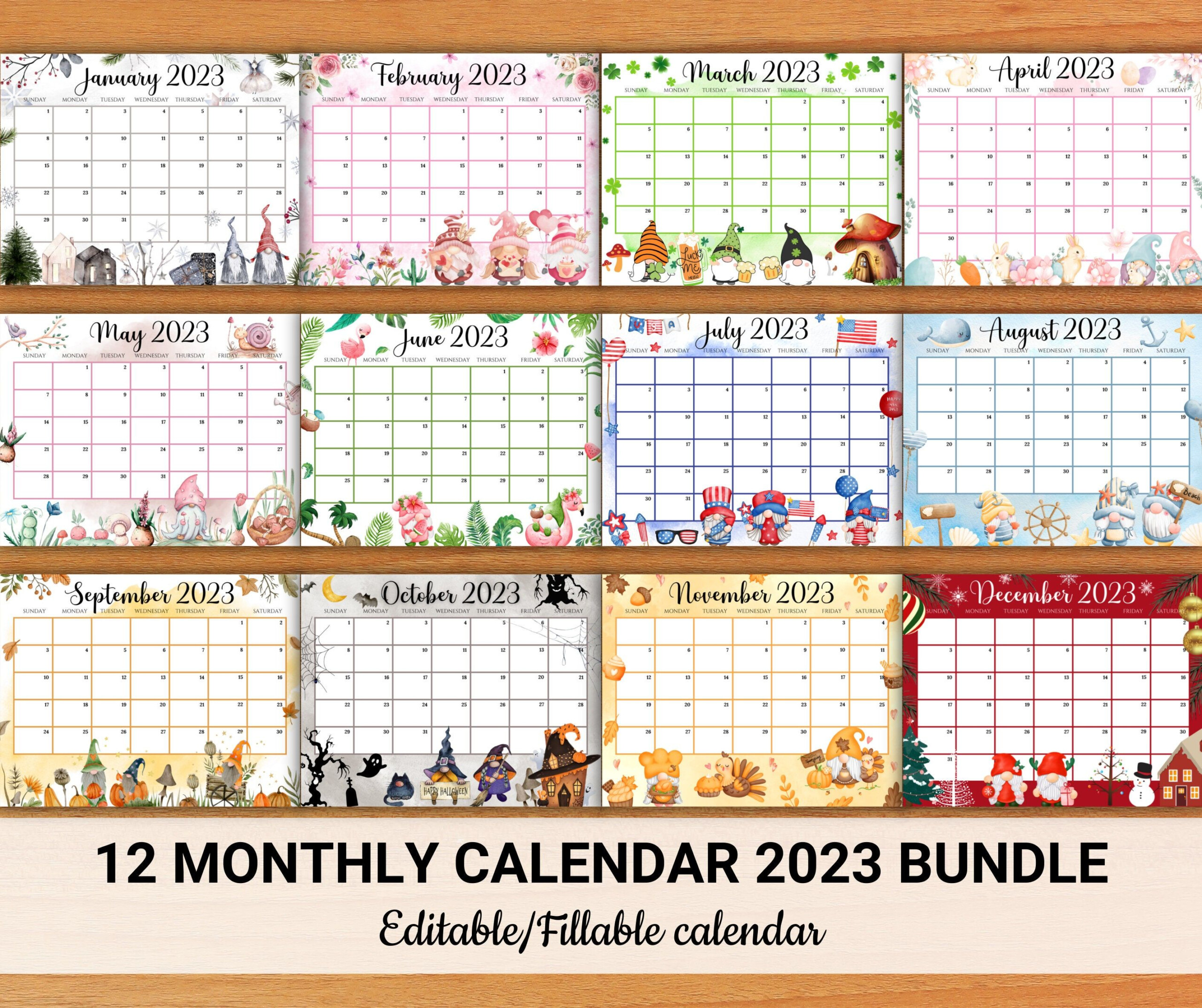 EDITABLE Monthly Calendar 2023 12 Beautiful Fillable Gnome Monthly