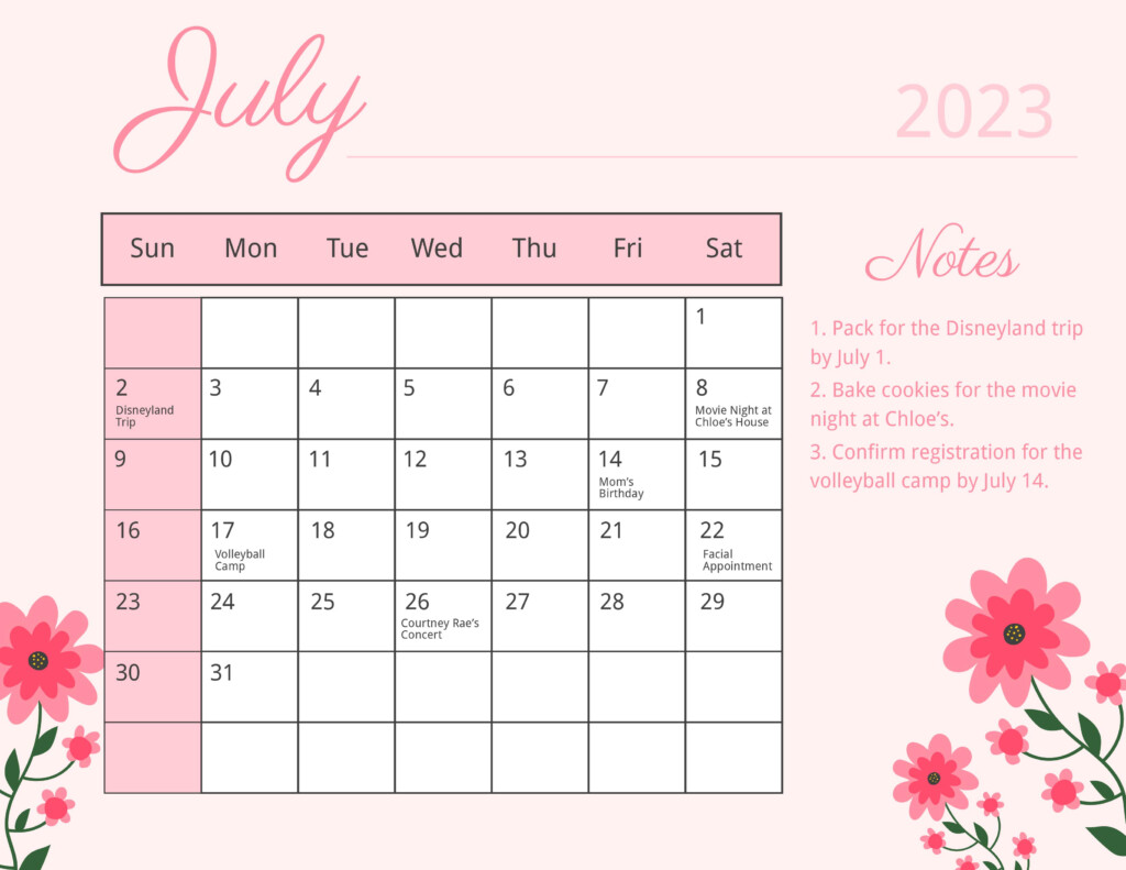 Floral July 2023 Calendar Template Google Docs Illustrator Word 