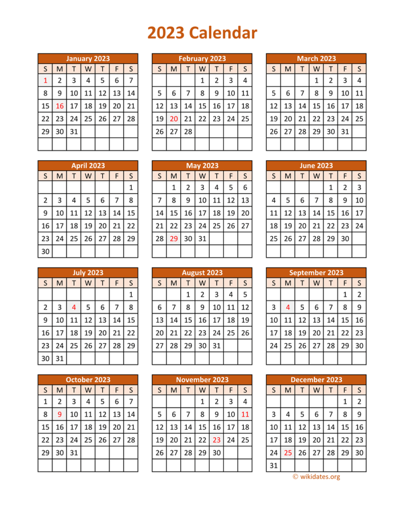 Full Year 2023 Calendar On One Page WikiDates
