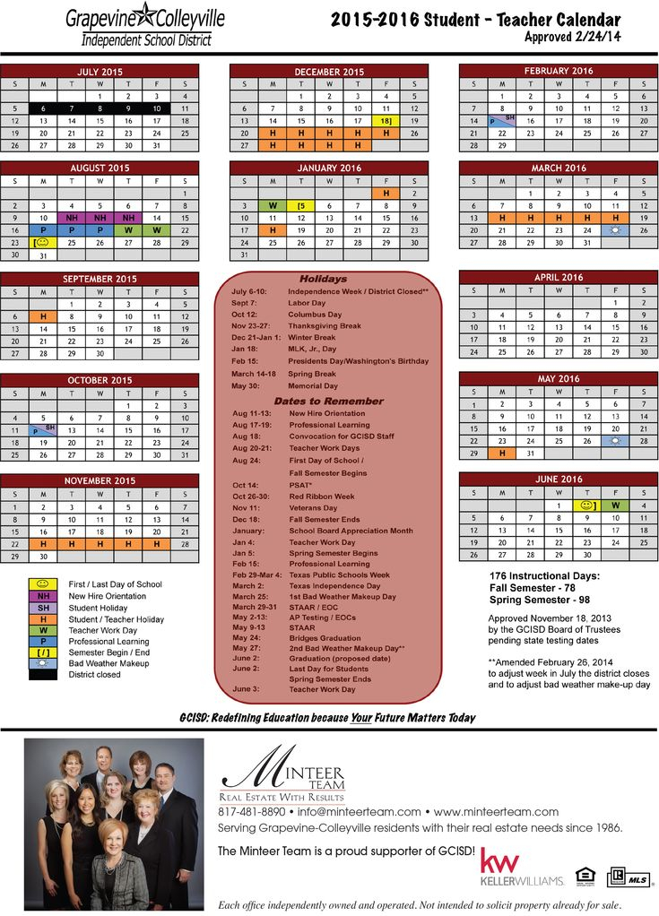 Grapevine Colleyville ISD School Calendar School Calendar Teacher
