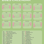 Green Minimalistic 2023 Calendar With Holidays Common Observances