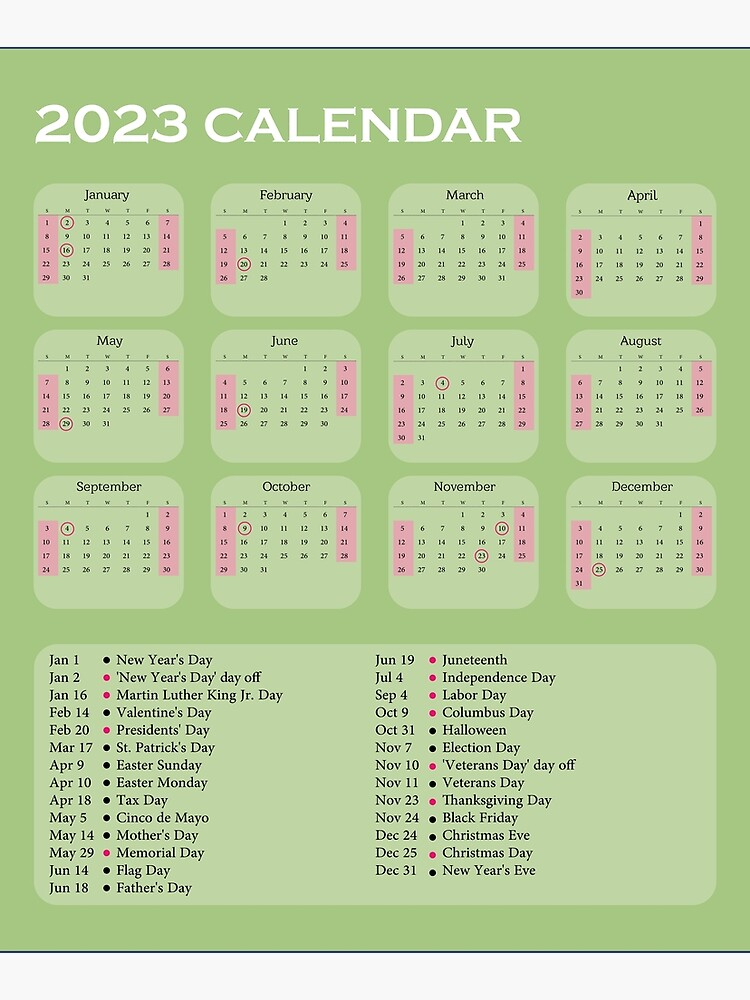  Green Minimalistic 2023 Calendar With Holidays Common Observances 