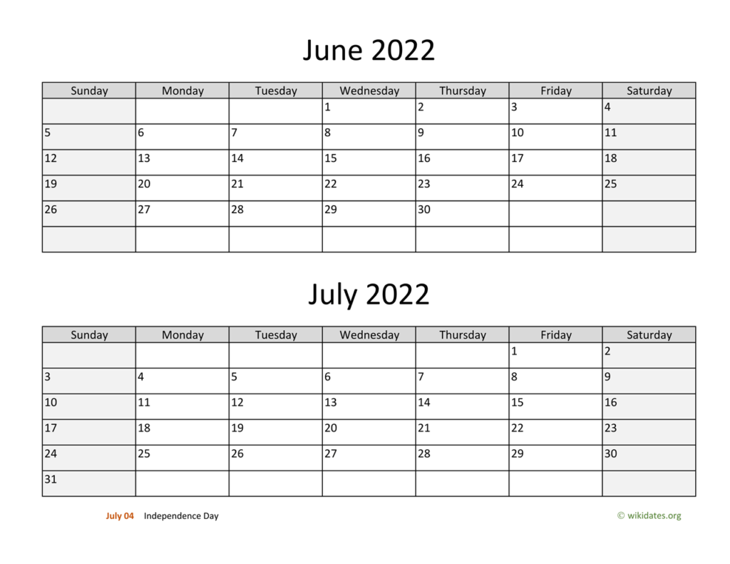 June And July 2022 Calendar WikiDates