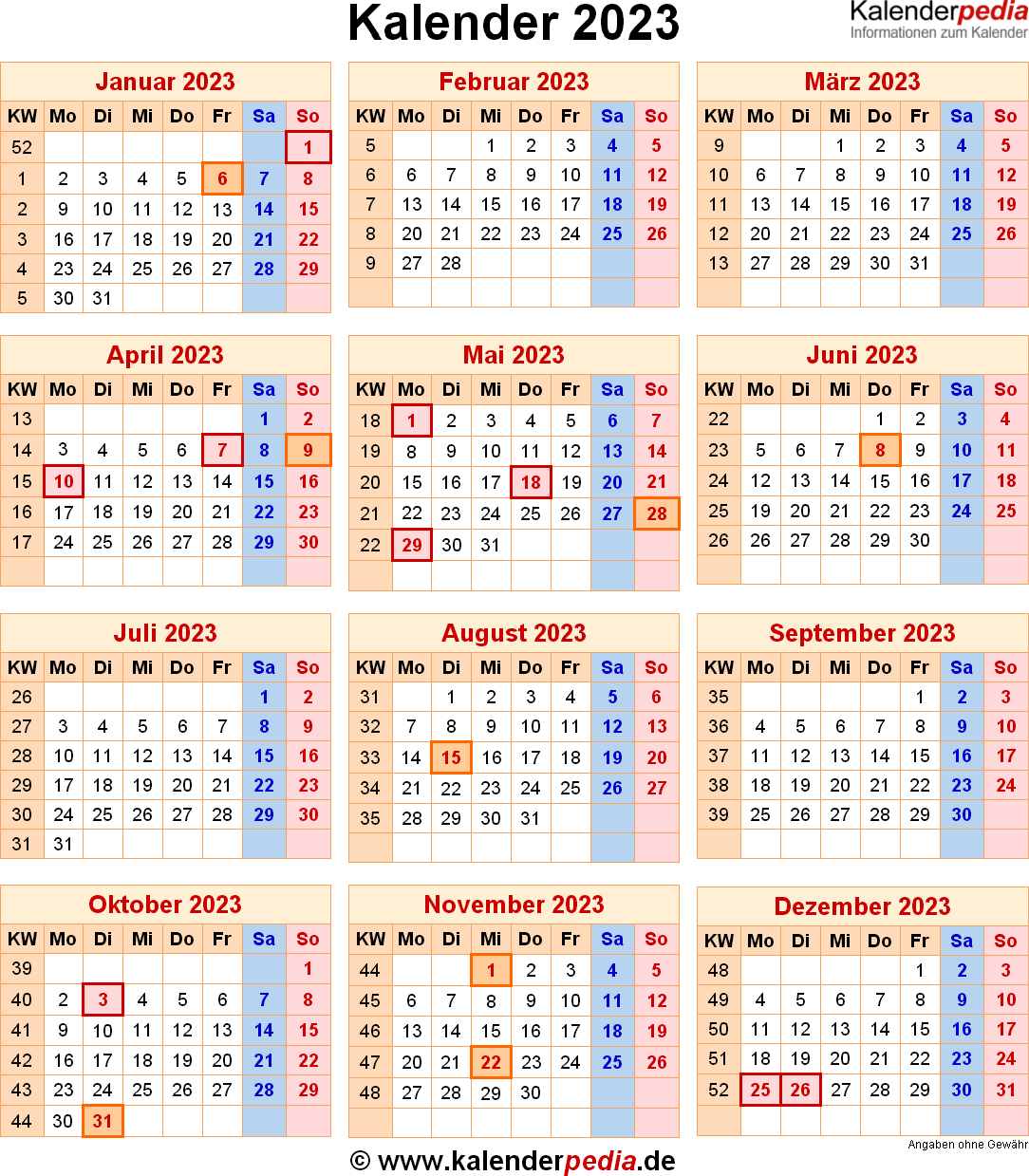 Kalender 2023 Mit Excel PDF Word Vorlagen Feiertagen Ferien KW