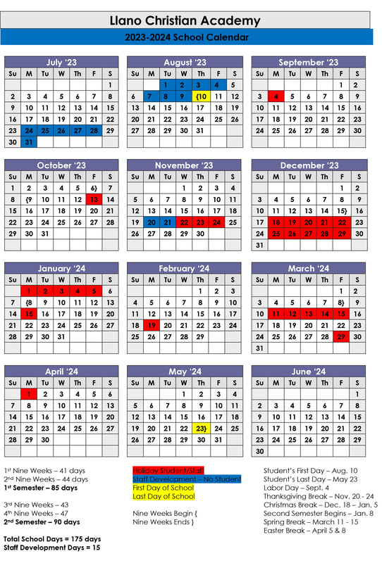 LCA School Calendar Llano Christian Academy