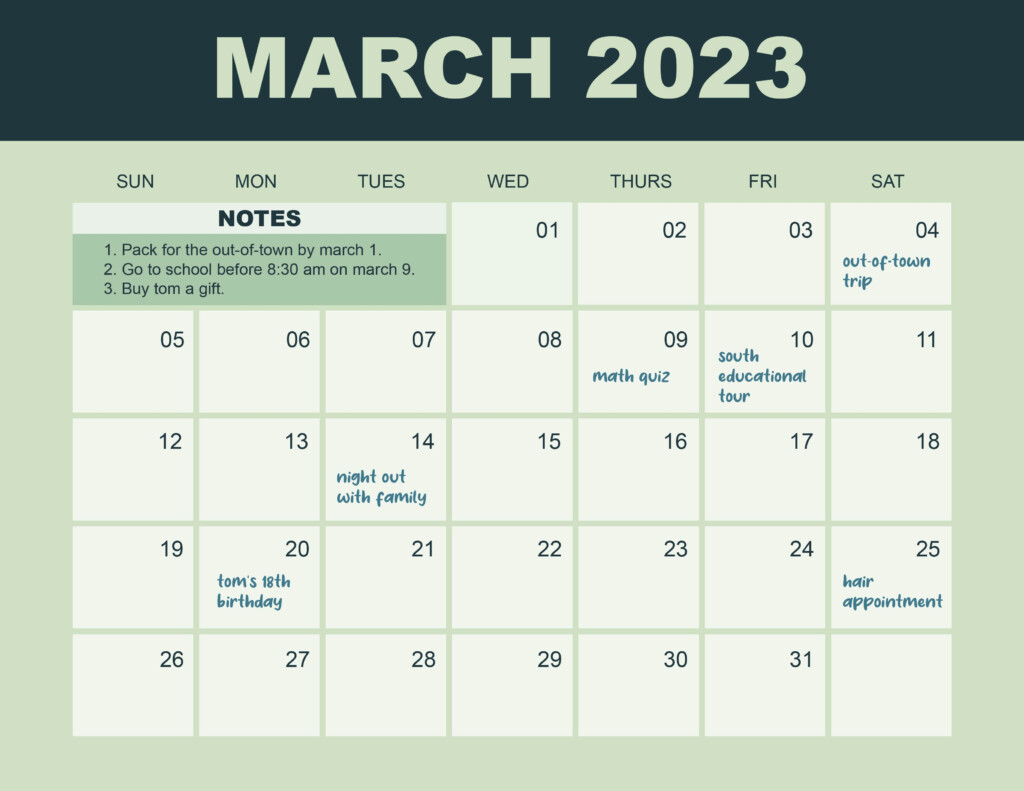 March 2023 Calendar Template With Holidays Google Docs Illustrator 