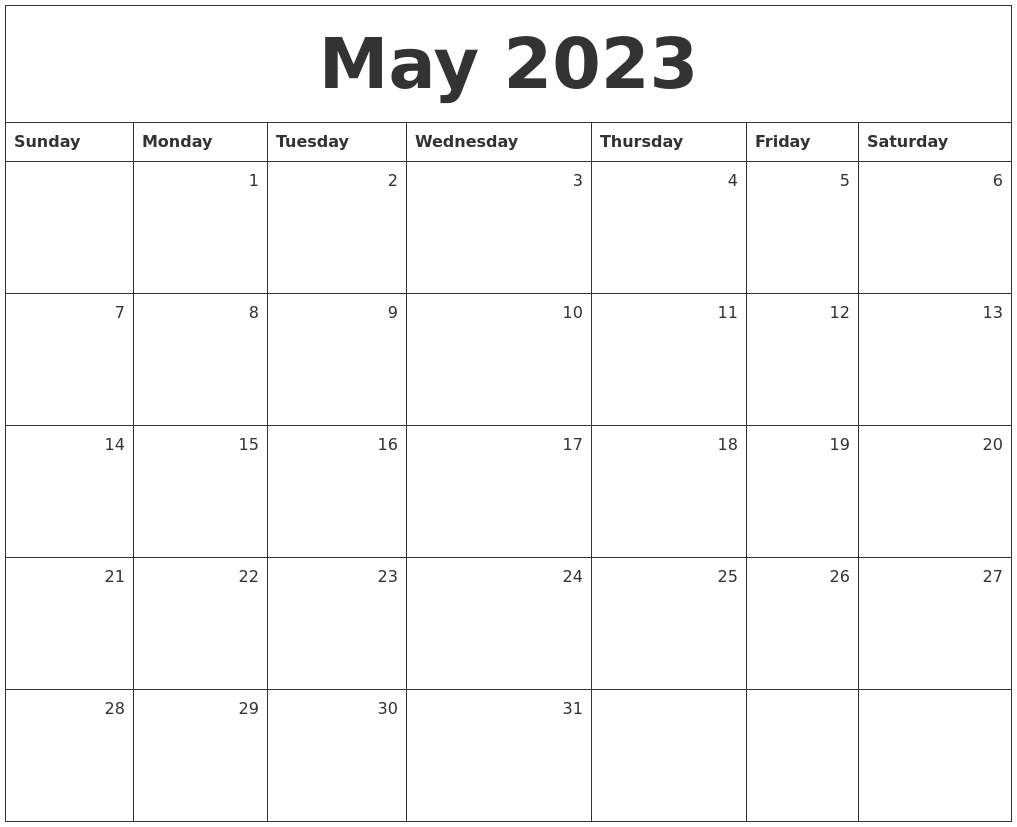 May 2023 Printable Monthly Calendar May 2023 Monthly Calendar 