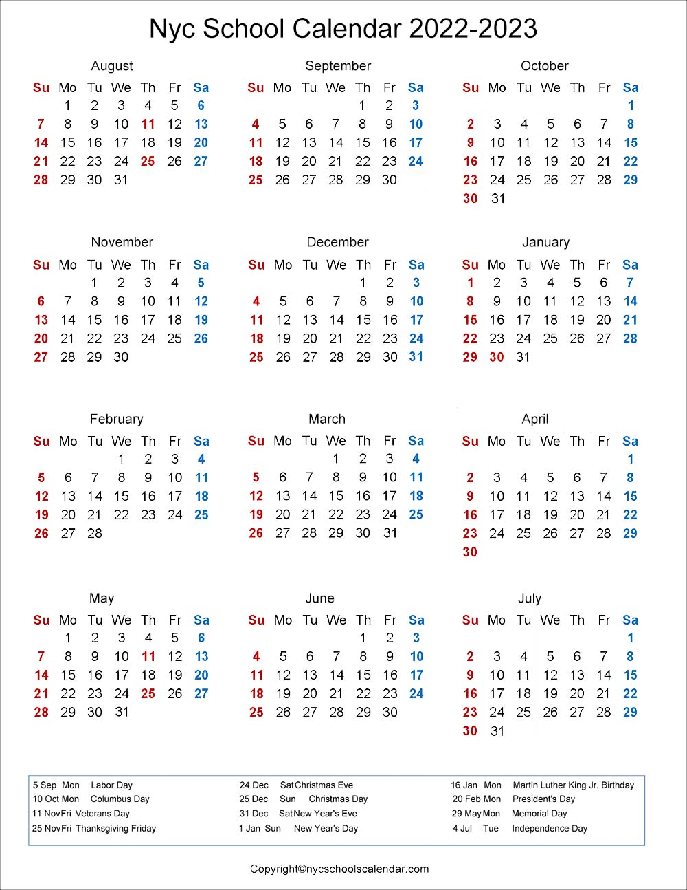 Nyc School Calendar Quick Reference 2022 2023 January Calendar 2022