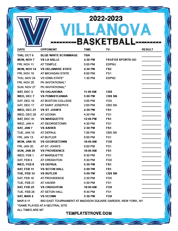Printable 2022 2023 Villanova Wildcats Basketball Schedule