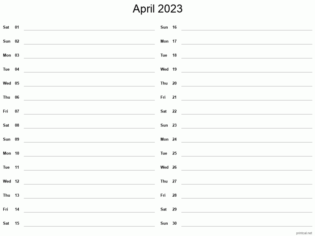 Printable April 2023 Calendar Two Column Notesheet