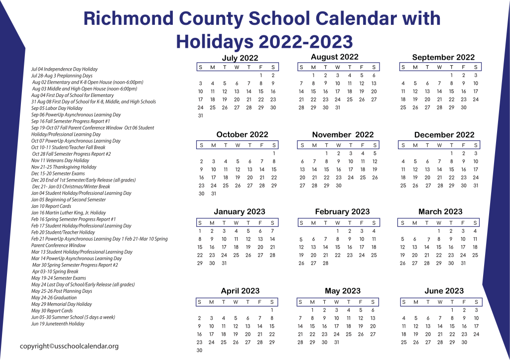 Richmond County School Holiday Calendar US School Calendar