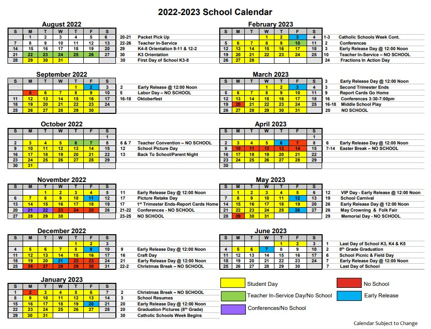 School Calendars St Joseph School