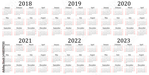 Six Year Calendar 2018 2019 2020 2021 2022 And 2023 In White