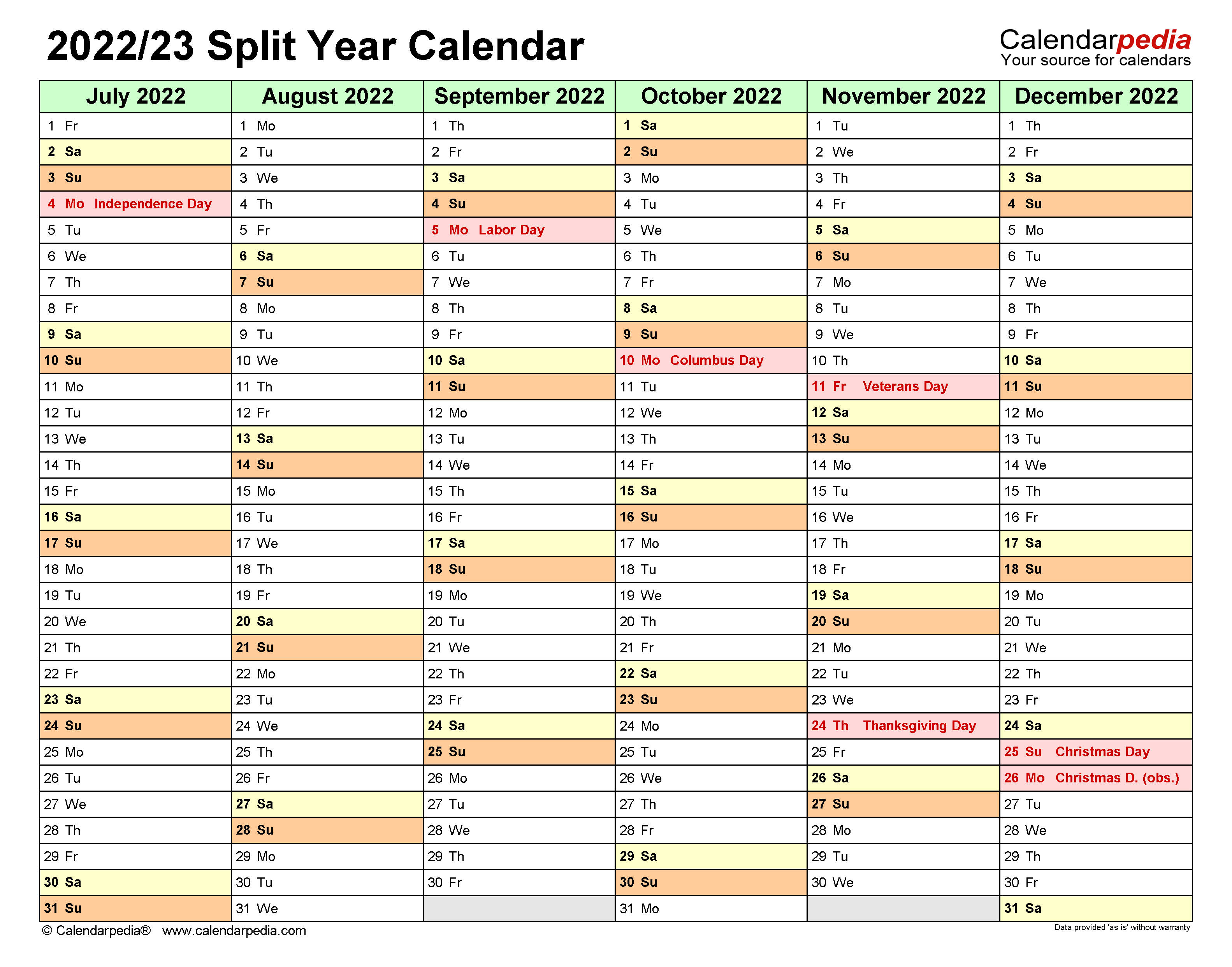 Split Year Calendars 2022 2023 July To June PDF Templates