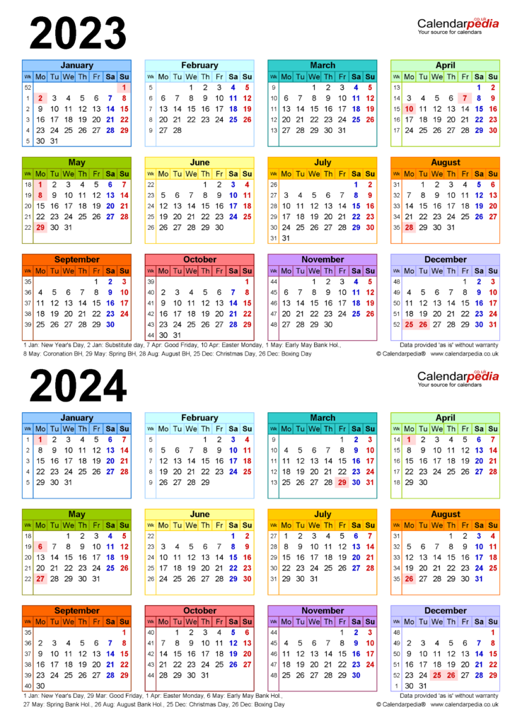 Two Year Calendars For 2023 2024 UK For PDF